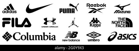 Vinnytsia, Ucraina - 30 maggio 2021: Insieme dei marchi popolari di abbigliamento sportivo produce. Adidas, Nike, Puma, Reebok, Mizuno, Fila, sotto armatura, Giordania, Kappa Illustrazione Vettoriale