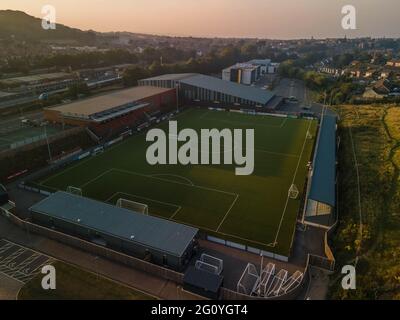Scarborough Football Club aereo dallo stadio del drone aereo Flamingo Land Stadium Foto Stock