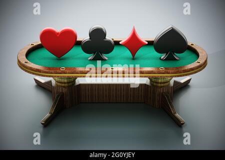 Tavolo da poker con simboli di carte da gioco. Illustrazione 3D. Foto Stock