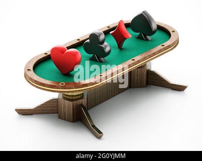 Tavolo da poker con simboli di carte da gioco. Illustrazione 3D. Foto Stock