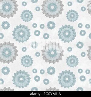Motivo senza cuciture con ornamento di forme tonde in pizzo openshwork. Sfondo geometrico con effetto fiocco di neve, blu chiaro e grigio chiaro. Bella, ariosa immagine Foto Stock