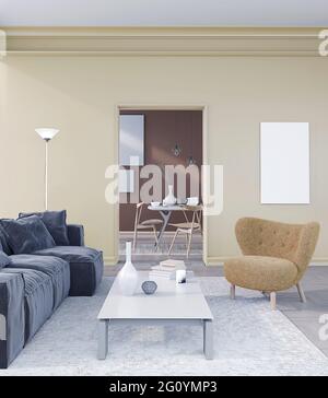Soggiorno con interni moderni, trend a 2021 colori, stile scandinavo, rendering 3D, illustrazione 3D, cornice poster in movimento Foto Stock