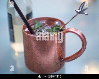 Iced Mosca mulo in una tazza di rame e una bottiglia di birra di zenzero Foto Stock
