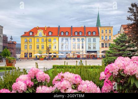 Bydgoszcz, Polonia. Vista della piazza del mercato Vecchio (Stary Rynek) con fiori in primo piano Foto Stock