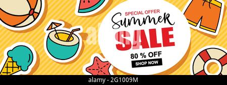 Estate vendita banner copertina sfondo modello. Sconto estivo offerta speciale design carino. Illustrazione Vettoriale