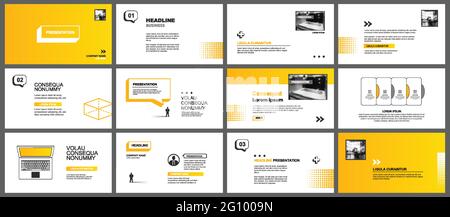 Presentazione e modello di layout delle diapositive. Sfondo di design moderno geometrico giallo. Da utilizzare per report annuale aziendale, volantino, marketing, volantino, pubblicità Illustrazione Vettoriale