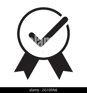 Icona approvata. Medaglia, segno di spunta vettore icona premio con nastro per il design grafico, logo, sito Web, social media, app mobile, illustrazione dell'interfaccia utente. Illustrazione Vettoriale