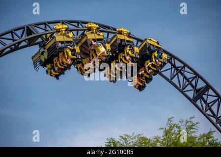 Lo Smiler World Record tiene 14 loop Rollercoaster al parco a tema Alton Towers Foto Stock