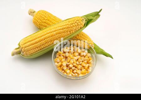 Vista dall'alto della finestra che mostra un paio di granturco dolce, mais, Zea Mays, con semi in una ciotola di vetro, esposto su sfondo bianco, Foto Stock