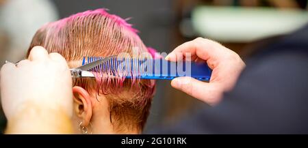 Giovane donna caucasica con capelli rosa che ottiene un taglio corto dalle mani di un parrucchiere maschio in un parrucchiere Foto Stock