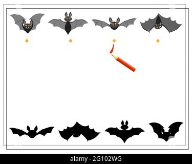 gioco per bambini trovare l'ombra, pipistrelli, halloween. vettore isolato su sfondo bianco. Illustrazione Vettoriale
