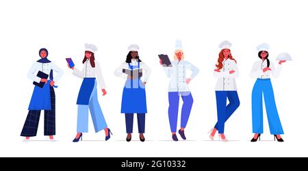 impostare cuochi femminili in uniforme belle donne chef cucina industria alimentare concetto Illustrazione Vettoriale