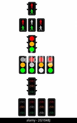 semafori, per pedoni, biciclette e traffico normale come automobili, camion e così via. Vettore isolato Illustrazione Vettoriale