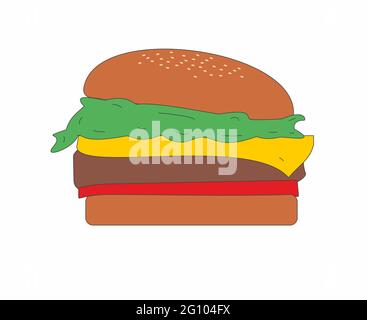 Hamburger con lattuga, formaggio e pomodoro tra pane in colore vettore isolato per logo, segno, app o sito web Illustrazione Vettoriale
