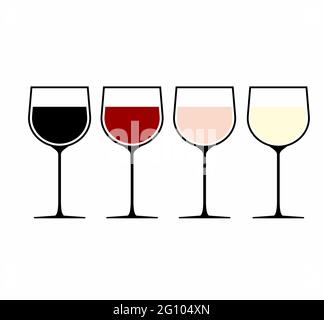4 vini diversi in vitigno, un colore per logo vettoriale, icona o segno di vino in vetro. Bicchiere di vino con vino da degustazione, vino bianco, rosso e rosato. ALS Illustrazione Vettoriale
