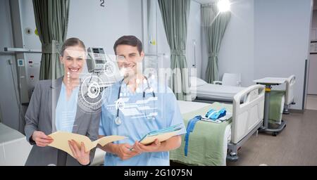 Composizione dello schermo con dati medici e icone su sorridenti medici e donne Foto Stock