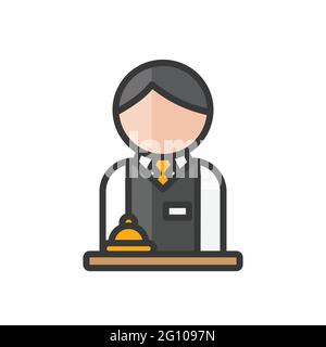 Avatar receptionist maschile dell'hotel. Uomo con uniforme e campana. Profilo utente, persona. Icona persone. Illustrazione vettoriale isolata Illustrazione Vettoriale