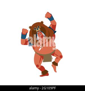 Guerriero dell'orso del Sud America, Maya, Azteco o guerriero Inca in pelle di orso. Un ballerino nativo americano partecipa a una danza tradizionale. Cartone animato Illustrazione Vettoriale