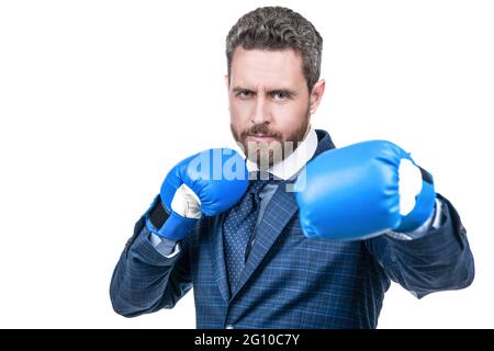 La lotta è in atto. Il boss indossa guanti da boxe. In piedi in posizione di combattimento. Combatti come campione Foto Stock