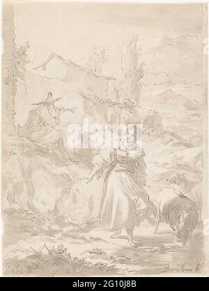 Pastore con schalmei. Un pastore è seduto su una roccia e suona Schalmei. Accanto a lui c'è un pastore. Capre si trovano intorno alla coppia. Foto Stock