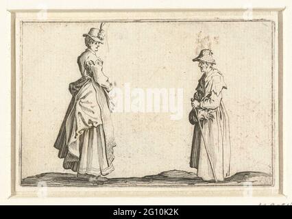 Donna anziana e donna anziana; Capricci di varietà Figura di Jacopo Callot; varie figure e performance. A sinistra una signora con un cappello, vista a sinistra. A lei, a destra sulla stampa, una donna anziana, con un bastone da passeggio nella mano sinistra e anche con un cappello. Questa stampa fa parte di una serie di 48 stampe (50 incl Titolo e scheda di dedica) con vari argomenti (uomini e donne di O.A. in diversi atteggiamenti, paesaggi, edifici e feste a Firenze). Queste stampe possono essere state intese come esempi di disegno. Foto Stock