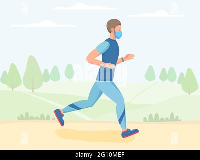 Uomini in maschera che corrono all'aperto, jogging e allenamento nel parco, attività fisica all'aperto, illustrazione vettoriale piatta Illustrazione Vettoriale