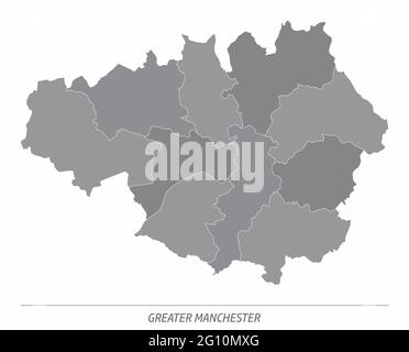 Greater Manchester mappa amministrativa divisa in scala di grigi e isolata su sfondo bianco, Inghilterra Illustrazione Vettoriale