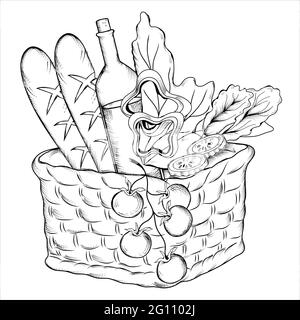 Cestino da picnic con vino e verdure. Cibo da picnic in cestino, vettore di incisione. Illustrazione Vettoriale