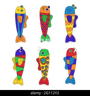 Set di pesci buffi stilizzati, sei pesci decorativi astratti colorati ornamentali per bambini giocoso disegno stampa poster di carte illustrazione vettoriale Illustrazione Vettoriale