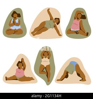 Più taglia l'allenamento astratto della donna in pose di yoga. Set di icone Bodypositive lady. Ragazza in sovrappeso attiva. Up cane, loto, scimmia yoga pone vettore illustrat Illustrazione Vettoriale