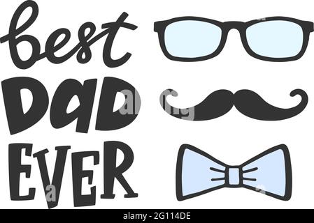 Miglior papà di sempre biglietto di auguri con decorazione. Scritta con baffi, bicchieri e prua. Scritta a mano per stampe, poster, striscioni, badge Illustrazione Vettoriale
