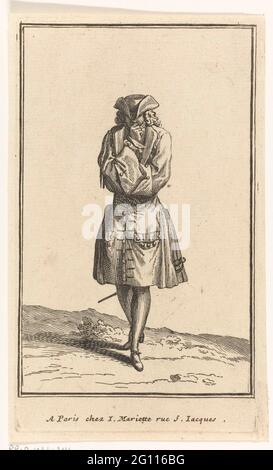 Uomo in atteggiamento pensivo, vestito secondo la moda francese del 1696; figure vestite secondo la moda francese. Uomo vestito secondo la moda francese del 1696. Foto Stock