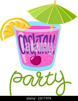 Scritta per cocktail party, bevanda mista in vetro vecchio stile con limone, ciliegia e ombrello, promozione estiva Illustrazione Vettoriale