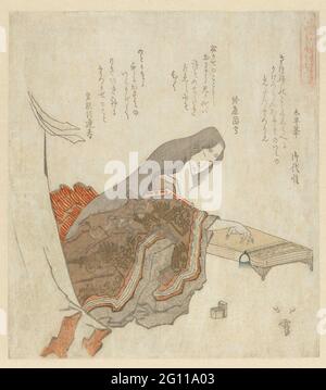 Donna con Koto; -ri No Uchi; la storia di Genji; Genji Monogatari. Un camoscio seduto gioca sul Koto (strumento d'archi giapponese). Indossa un kimono associato al periodo Heian (794-1185). Sul terreno accanto a lei una scatola per la raccolta tamburi che sono indossati sulle dita mentre si gioca il Koto. Con tre poesie. Foto Stock