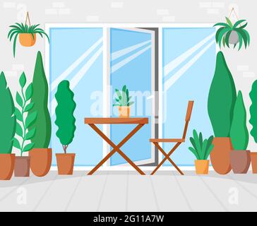 Giardino su terrazza con tavolo e sedia, balcone verde con piante, galleria con grande finestra per il tempo libero. Illustrazione del design piatto Illustrazione Vettoriale