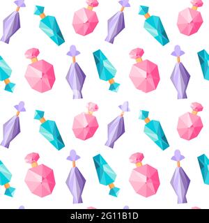 Motivo senza cuciture con bottiglie di profumo, sfondo ripetuto con fragranza, ornamento ripetuto, vettore di stile piatto Illustrazione Vettoriale