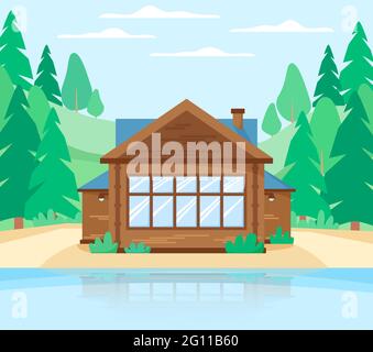 Cottage di legno in foresta vicino lago. Casa di campagna bellissimo paesaggio con paesaggio rustico, lago, casa e pini Illustrazione Vettoriale