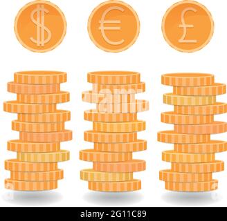 Pile di monete, dollaro, euro, monete della libbra, valute differenti, vettore denaro illustrazione, monete d'oro metallo soldi rouleau Illustrazione Vettoriale