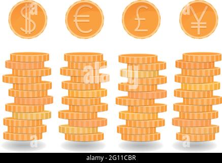 Pile di monete, dollaro, euro, sterlina, yen monete, valute diverse, monete d'oro, soldi di metallo rouleau vettore denaro illustrazione di risparmio Illustrazione Vettoriale