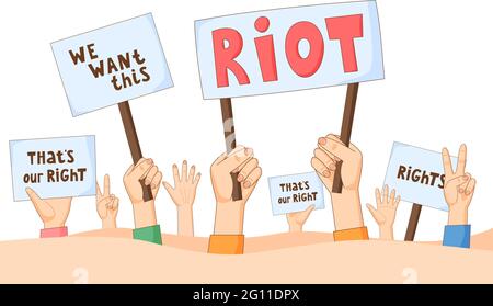 Le persone in dimostrazione chiedono giustizia. Mani con striscioni, cartelloni e poster. Attivisti dei diritti umani con segni di manifestazione. Concetto di protesta Illustrazione Vettoriale