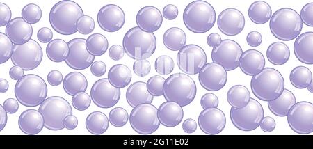 Linea decorativa orizzontale con bolle di sapone, sfondo con perline d'acqua realistiche, blob viola, illustrazione della sfera di schiuma vettoriale Illustrazione Vettoriale