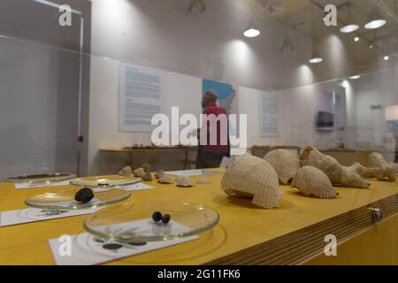 Atene, Grecia. 1 giugno 2021. I manufatti sono visti alla mostra 'Look Across: A Settlement on Keros 4,500 anni fa' alla Galleria Municipale di Atene, Grecia, il 1 giugno 2021. PER ANDARE CON 'Feature: Tesori archeologici dal Mar Egeo isola Keros portato a un pubblico più ampio' Credit: Marios Lolos/Xinhua/Alamy Live News Foto Stock