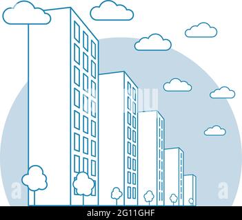 Vista sulla città con edifici alti, nuvole, alberi, paesaggio con isolati di strada, moderne case residenziali e affittuari, stile lineare profilo, vettoriale urbano Illustrazione Vettoriale