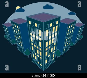 Vista panoramica della città di notte, alti edifici con luci in finestre, nuvole, alberi, moderno residenziale e casa in affito la sera, outli lineari Illustrazione Vettoriale