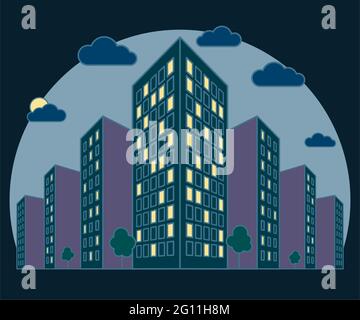 Vista panoramica della città di notte, alti edifici con luci in finestre, nuvole, alberi, moderno residenziale e casa in affito la sera, outli lineari Illustrazione Vettoriale