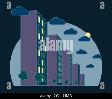 Vista panoramica della città di notte, alti edifici con luci in finestre, nuvole, alberi, moderno residenziale e casa in affito la sera, outli lineari Illustrazione Vettoriale