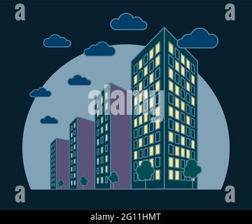 Vista panoramica della città di notte, alti edifici con luci in finestre, nuvole, alberi, moderno residenziale e casa in affito la sera, outli lineari Illustrazione Vettoriale