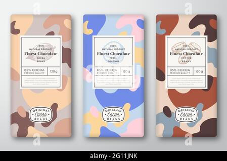 Set di etichette per cioccolato. Raccolta di layout di progettazione per il packaging vettoriale astratto. Tipografia moderna, Cocoa disegnata a mano, Coffee Beans e Coconut bozzetti e. Illustrazione Vettoriale