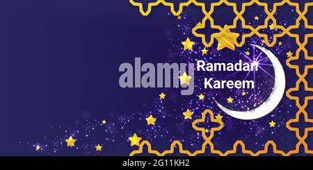 Il poster di Ramadan Kareem o gli inviti progettano con stelle tagliate in carta 3d e luna su sfondo viola. Posiziona per il testo. Illustrazione Vettoriale