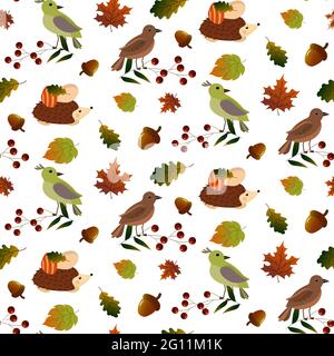 Modelli con uccelli, riccio e foglie autunnali. Ciao, autunno. Illustrazione Vettoriale